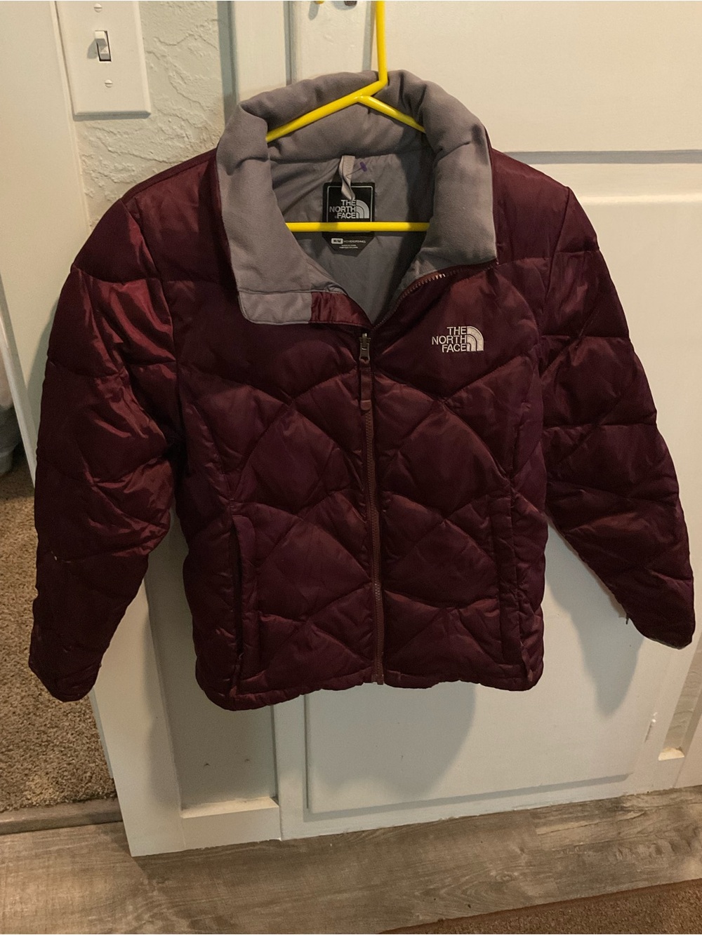 The North Face Maroon Puffer Jacket with Gray Collar